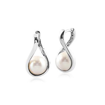 Kosmos Round Ball Shaped Pearl Earrings in Rhodium Plated...