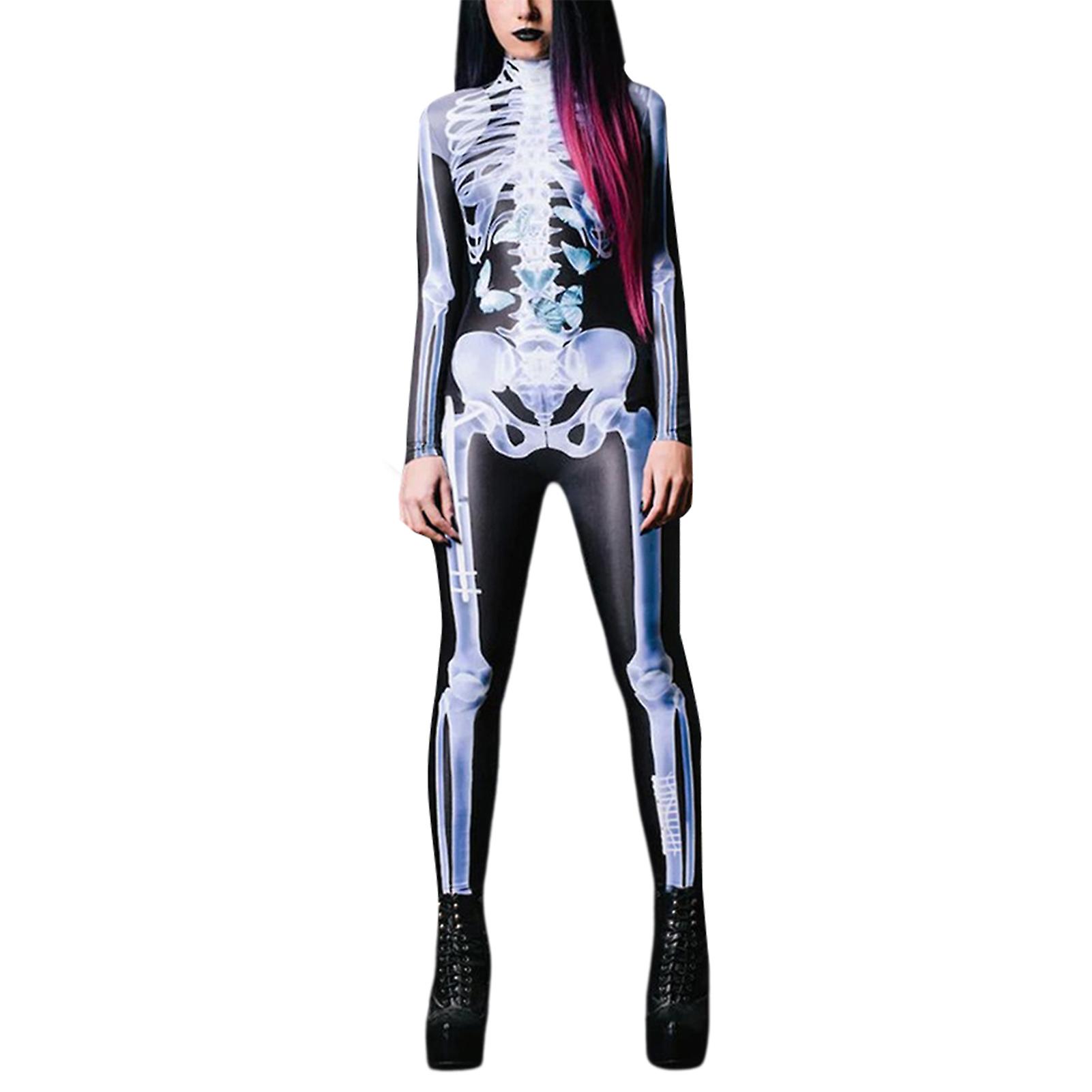Halloween Sexy Skeleton Bodysuit Halloween Ccostumes for Unisex 3D Skeleton Pattern Skinny Jumpsuit