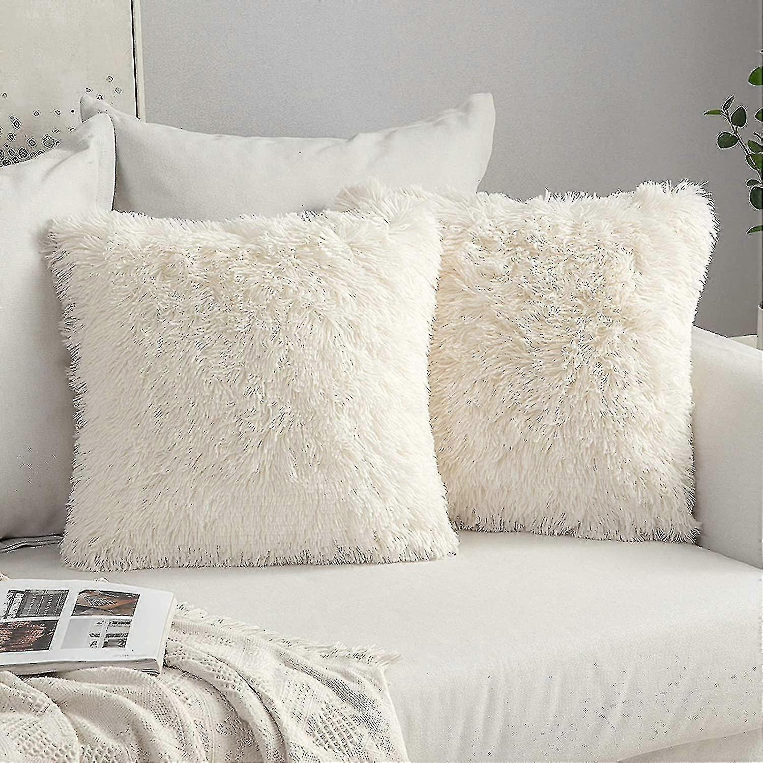 Pack Of 2 Faux Fur Throw Pillow Covers Cushion Covers Luxury Soft Decorative Pillowcase Fuzzy Pillow Covers For Bed/couch,18 X 18 Inches Tw
