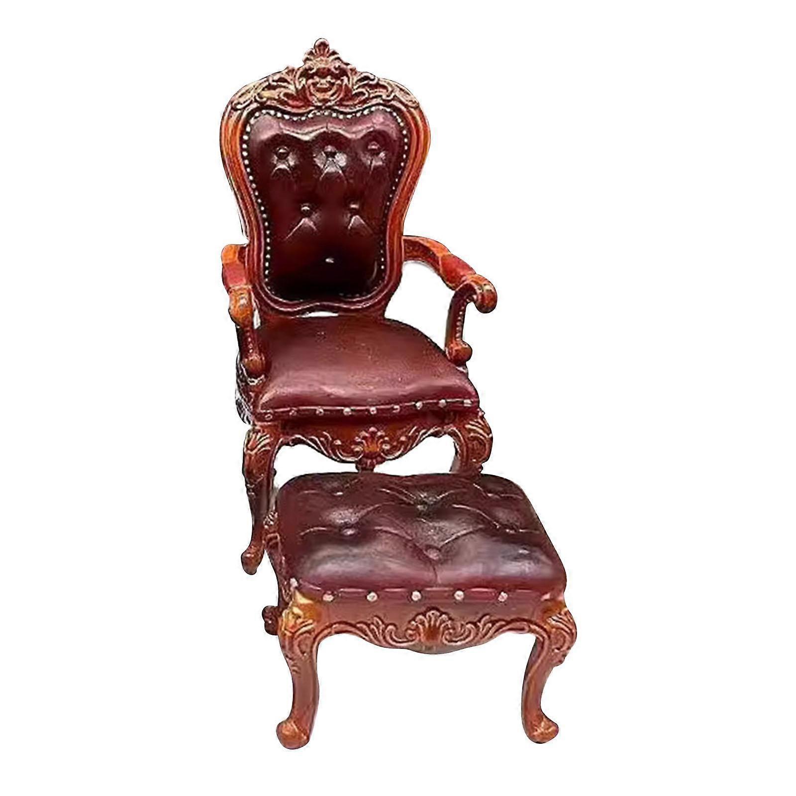 2 Pieces 1/12 Scale Chair and Foot Stool Simulation Accessories Toy for Home Dark Brown