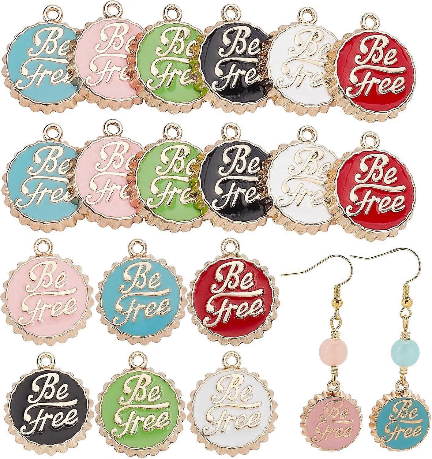 36 Pcs 6 Colors Alloy Enamel Pendants Beer Cap Enamel Charms Pendants Flat Round Charm with Word Be Free for Necklace Bracelet DIY Jewelry Making