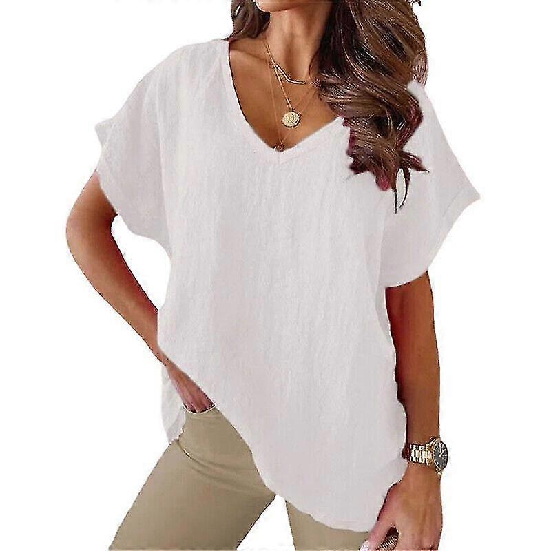 Dámské bavlněné plátěné tuniky Topy Dámské tričko s výstřihem do V Volné halenka Plus Size-3-YuJia