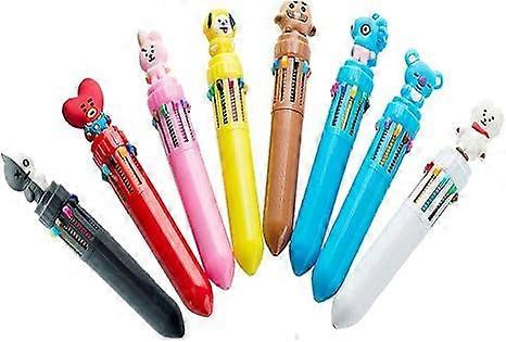 8Pcs BTS Bangtan Boys 10 in 1 Color Retractable Ballpoint Pen Creative Cartoon Shape Multicolor Pens Medium Point (0.7mm) For School Office Student Su