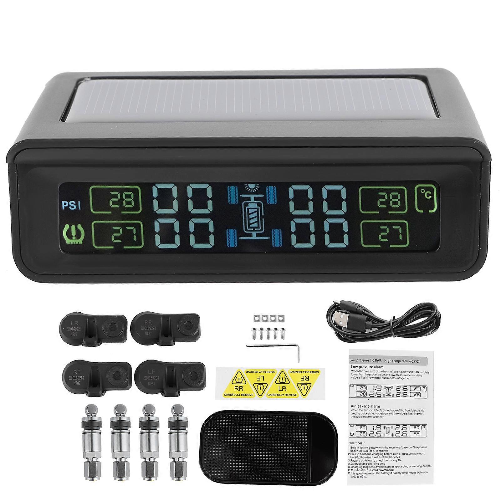 TPMS Wireless Tire Pressure Monitor Detector Tester with 4 Sensors LCD Display Solar Charging