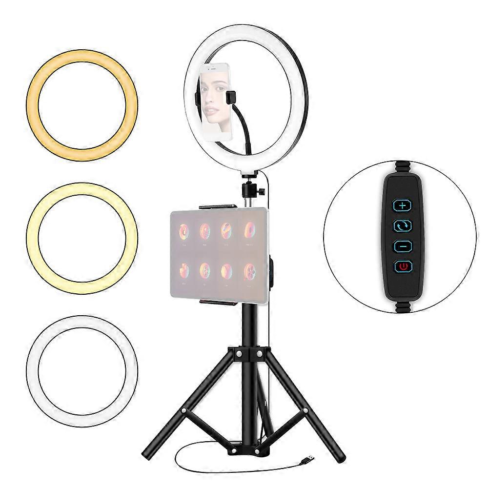 26cm/10inch inch LED Ring Light 3 Colors 10 Levels Dimmable 3200-5600K Color Temperature with Tripods Phone and Tablet Holders for Live Sream Makeup P
