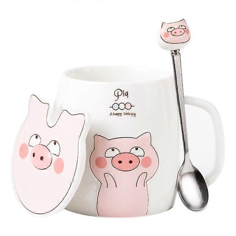 Cartoon Pig Expression Mug Net Red Coffee Cup Set With Cover Spoon D