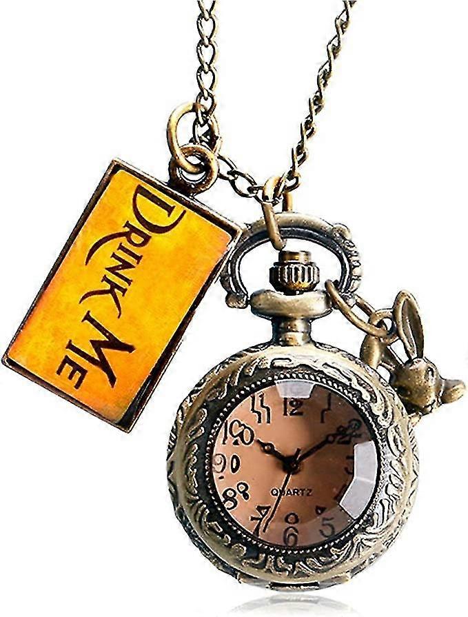 Alice In Wonderland Themed 3d Bronze Effect Women's Quartz Pocket Watch Necklace - On 32" Inch / 80cm Chain
