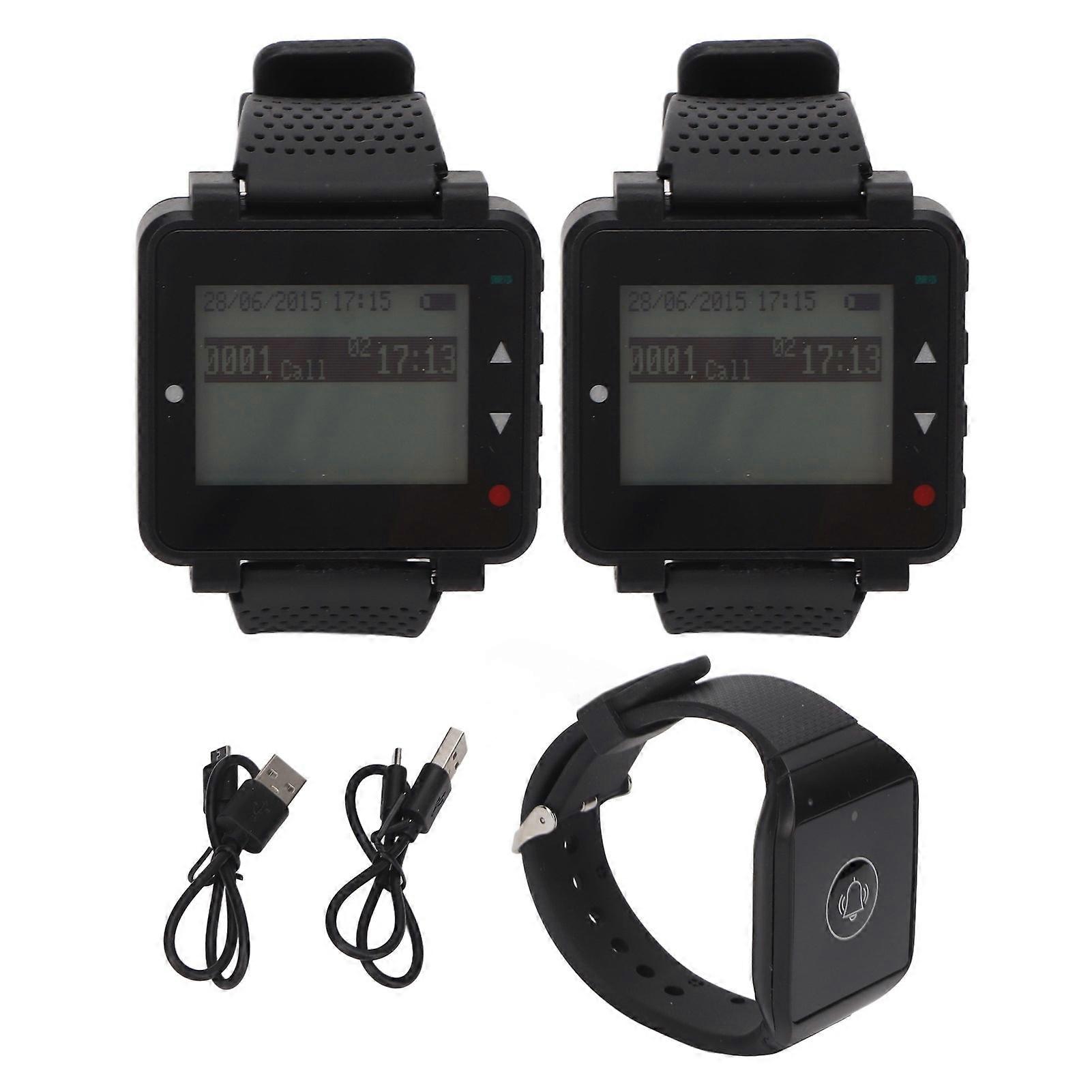 Wireless Calling System 2 Watch Receiver LCD Display 1 Pager IPX4 Waterproof Restaurant Paging System for Hotel Hospital