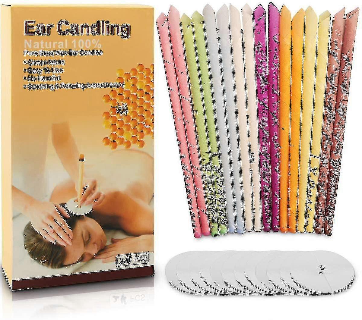 24 Natural Ear Candles, Beeswax Hollow Cone Candles Non-toxic