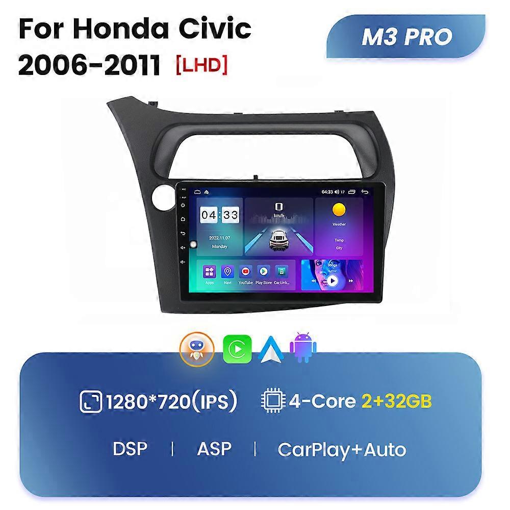 Car Radio Multimedia Video Player GPS Navigation Android 12 8G+256G For Honda Civic 2006-2011 Built-in Carplay Auto WiFi DSP RDS