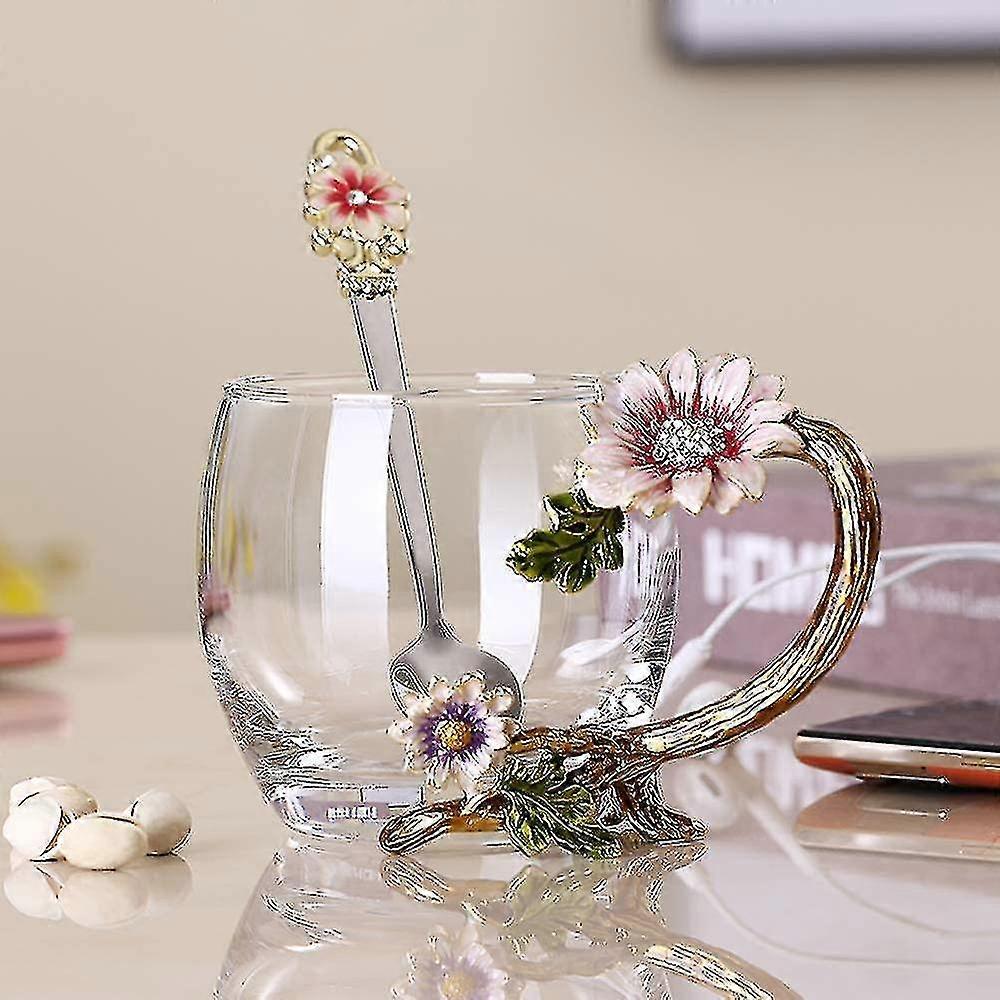 المينا عباد الشمس كريستال خالية من الرصاص كوب شاي زجاجي مع مجموعة ملعقة، هدية لعيد الميلاد، عيد الحب.أفضل هدية للأم، الجدة، Girlfrie