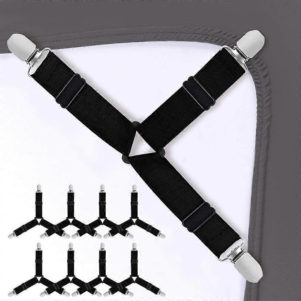 Bed Sheet Holder Straps, 8pcs Bed Sheet Fasteners Adjustable Triangle Elastic Suspender Mattress Corner Clips With Heavy Duty Grippers Bla