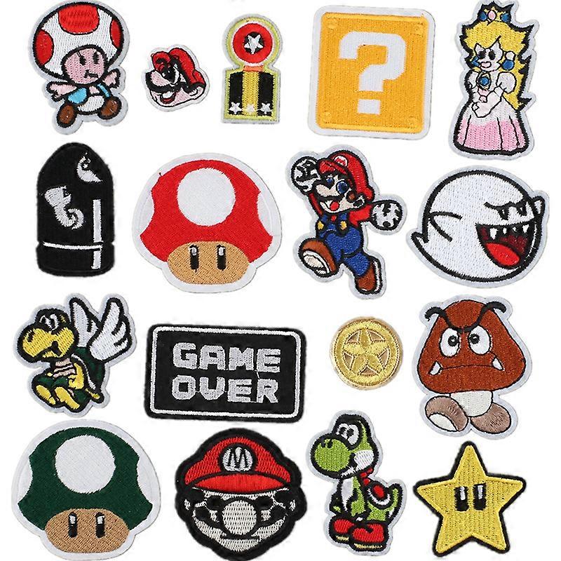 17pcs Mario Iron On Patches for Self-adhesive Patches with Down Badge, Padding, Sew-on Embroidered Applique Kit for Clothing, Jackets, Backpacks, Shoe
