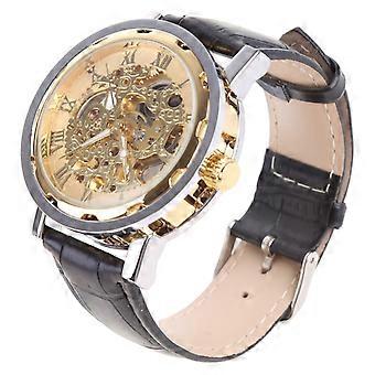 Mens Classic Black Leather Gold Dial Skeleton Mechanical Army Sport Wrist Watch