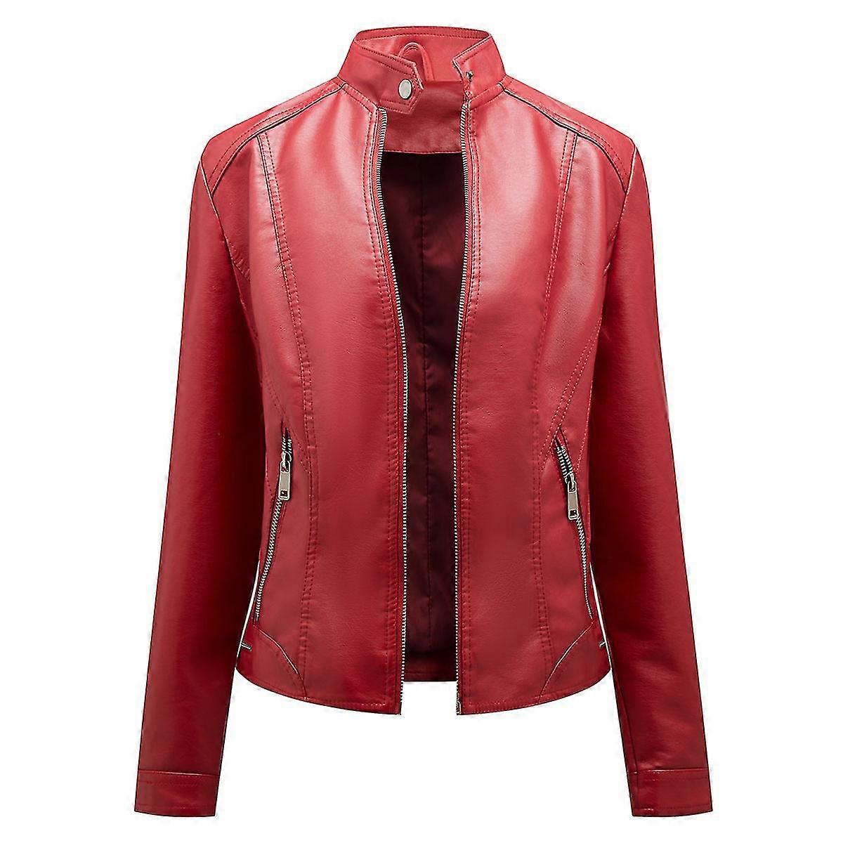 Naiwang Women's Solid Color Stand Collar Zip Slim Short Leather Jacket