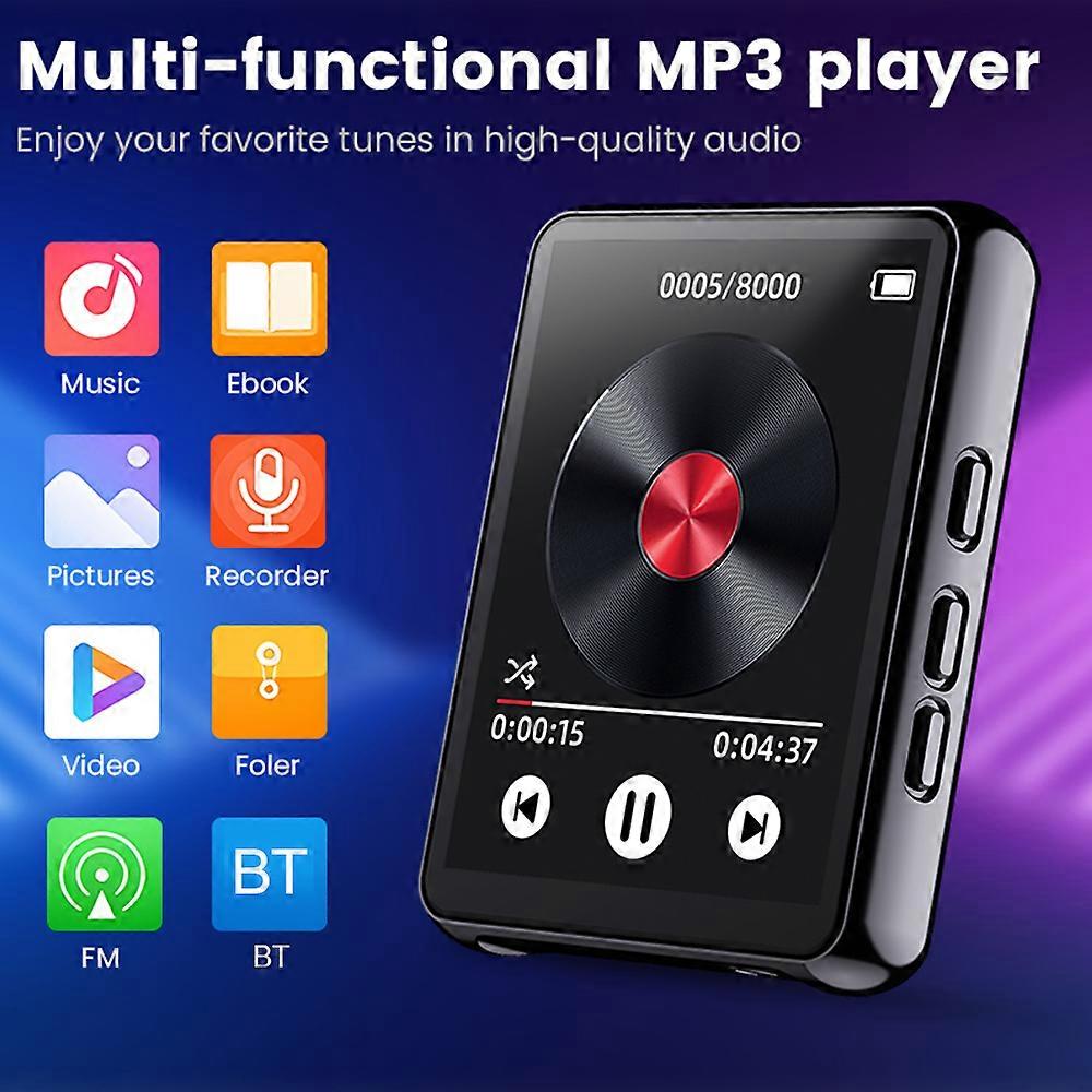 Lettore MP3 con schermo ad alta nitidezza da 2,4 pollici Schermo full-touch Lettore BT senza perdita di dati con supporto per altoparlanti Registratore radio di allarme video Ebook