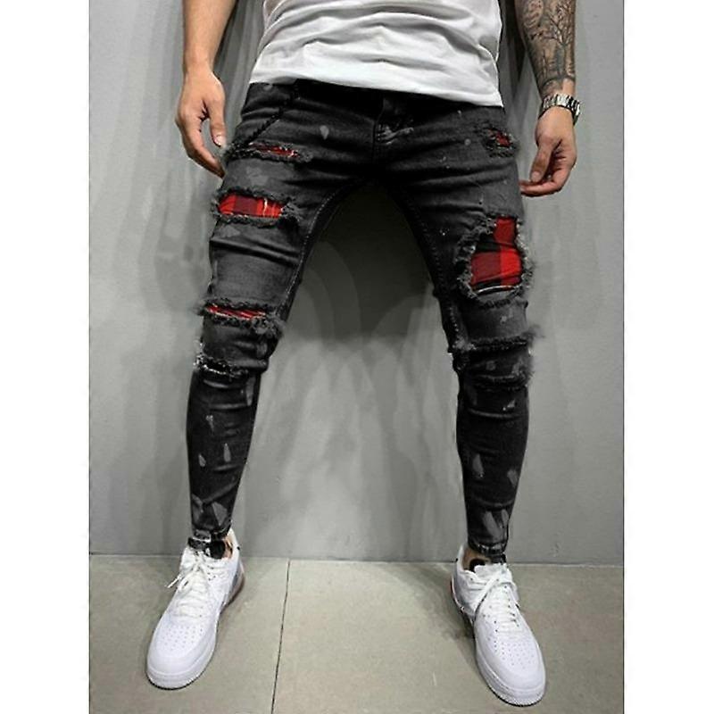 Men's Slim Tapered Jeans Ripped Patch Pants