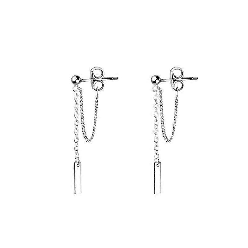 925 Sterling Silver Bar Earrings with Chain, Minimalist Dangle Drop Studs