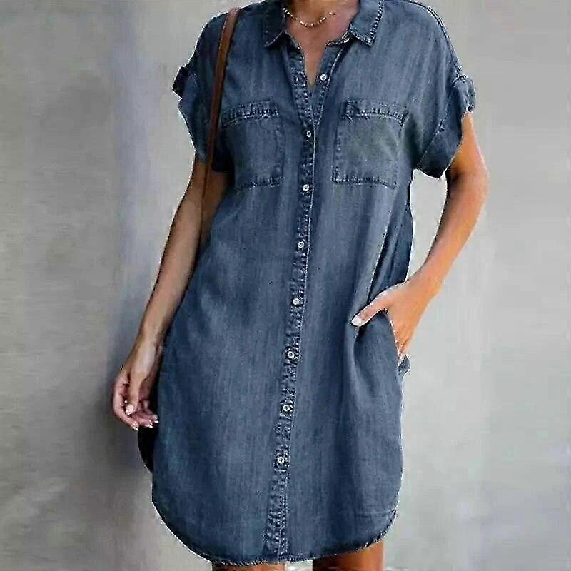 Varış Yaz Kadın Denim Elbise Kısa Kollu Gevşek A-Word Elbiseler S V Yaka Katı Denim Elbiseler Shi