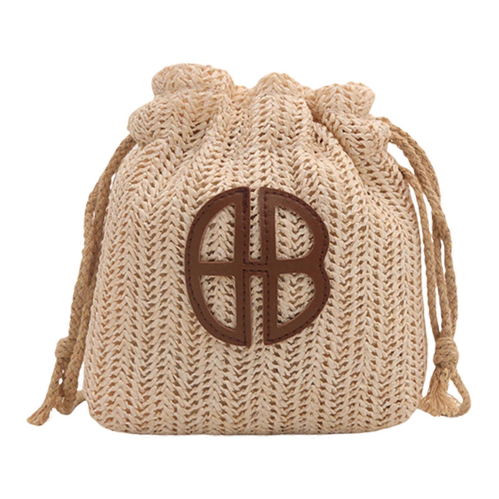 Borsa a tracolla a tracolla in paglia tessuta bohémien per le donne Spiaggia Vacanze Vintage Crochet Knit Piccola borsa a secchiello con coulisse Beige