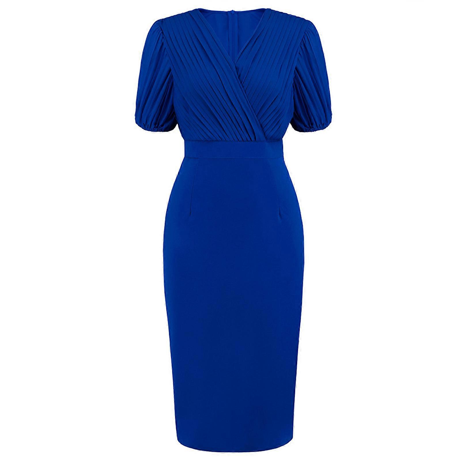 Womens Work Pencil Dress Wedding Wrap Guest Office Dresses Cocktail Party  Short Sleeve V Neck Pleated Dress Blue L | Fruugo NO