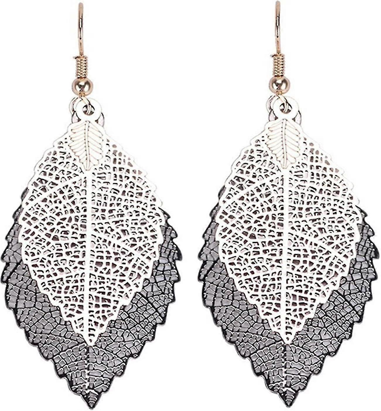3pairs Double Layered Leaf Earrings Simple Ethnic Hollow Leaves Drop Dangle Hook Earrings (gold+black) (d-8d)