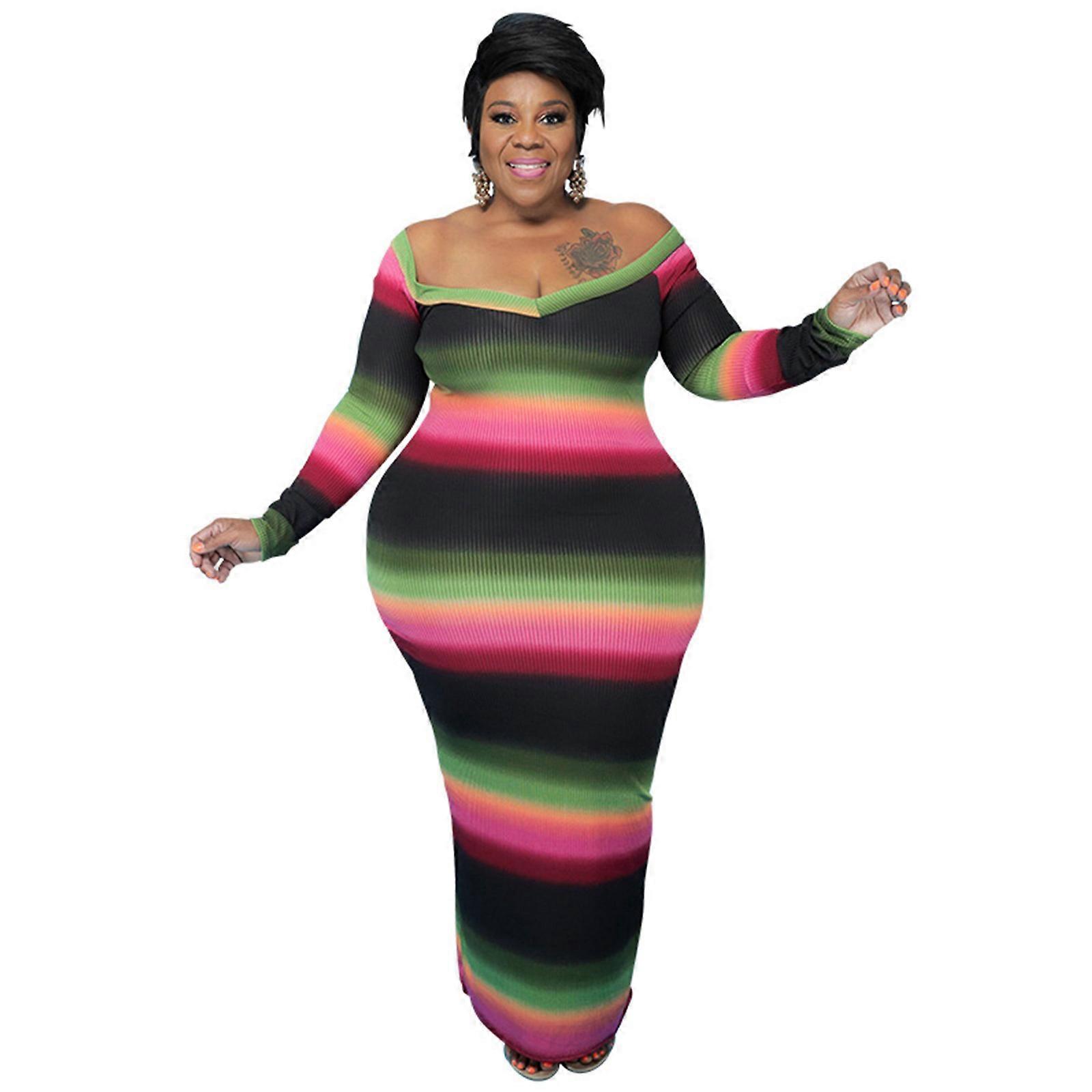 Women Plus Size Long Sleeve Large V-Neck Sexy Off Shoulder Maxi Bodycon  Dress Rainbow Striped Ribbed Party Clubwear Black XXXL | Fruugo UK