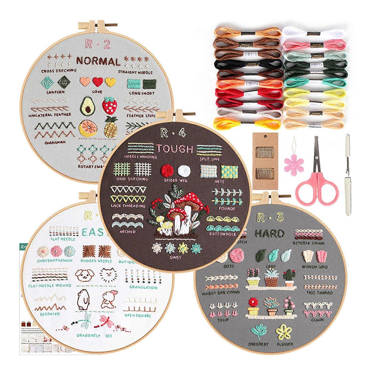 4Sets Animal Fruit Flower Plant Embroidery Set with Instruction Embroidery Clothes with Pattern Hoop Thread and Needle