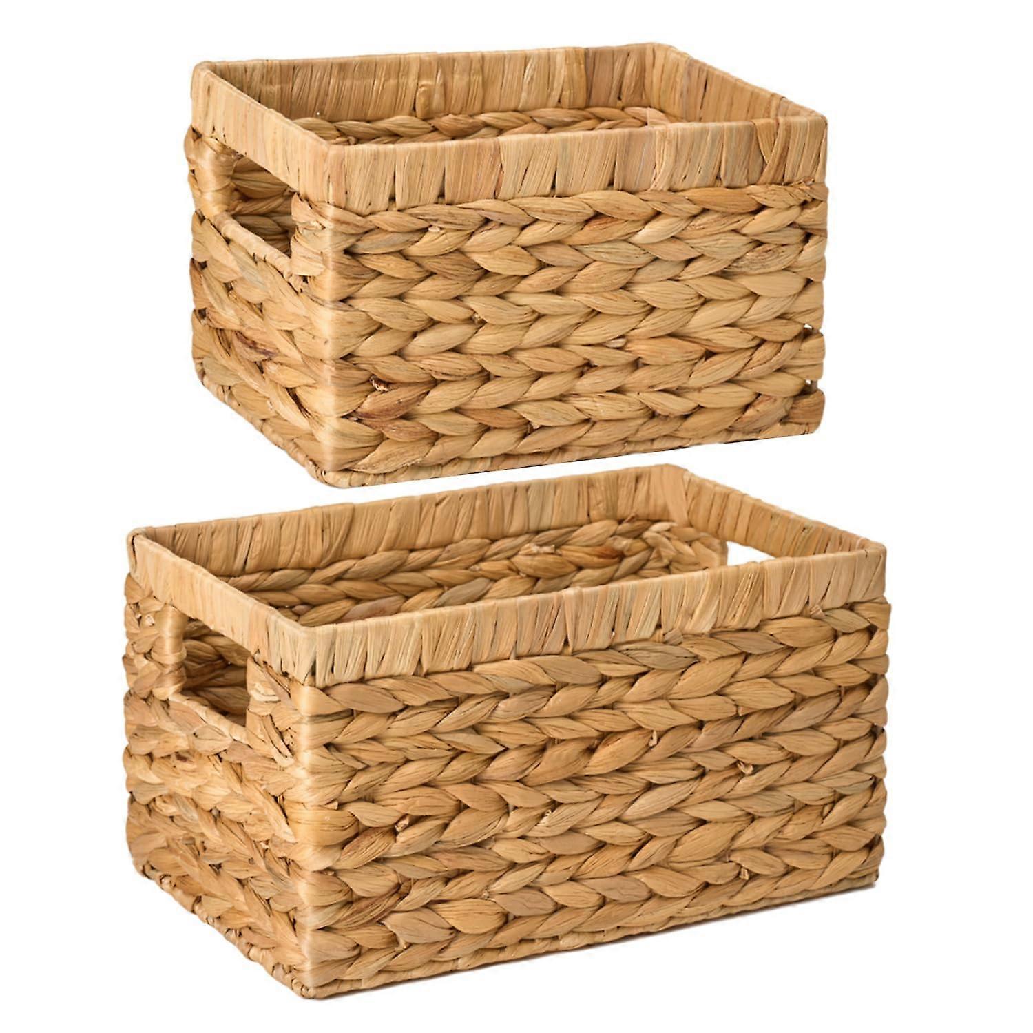 Wicker Storage Basket Set, Hand-Woven Water Hyacinth Organizing Bins for Shelves and Cabinets, Square with Handles, Small and Large