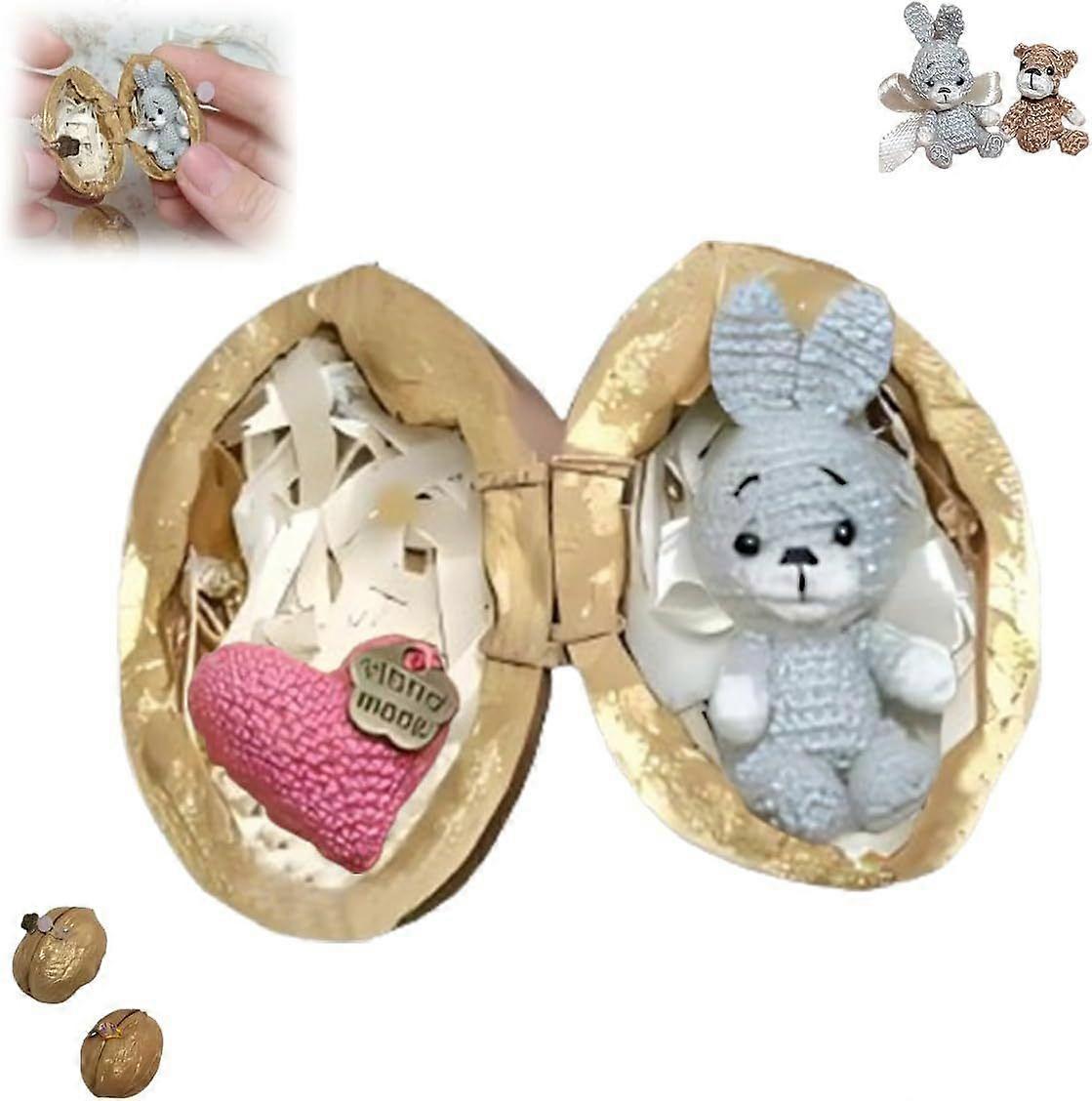 Handmade Crochet Animal in Walnut Shell Miniature Bunny Bear with Love Heart Mini Emotional Support Gifts