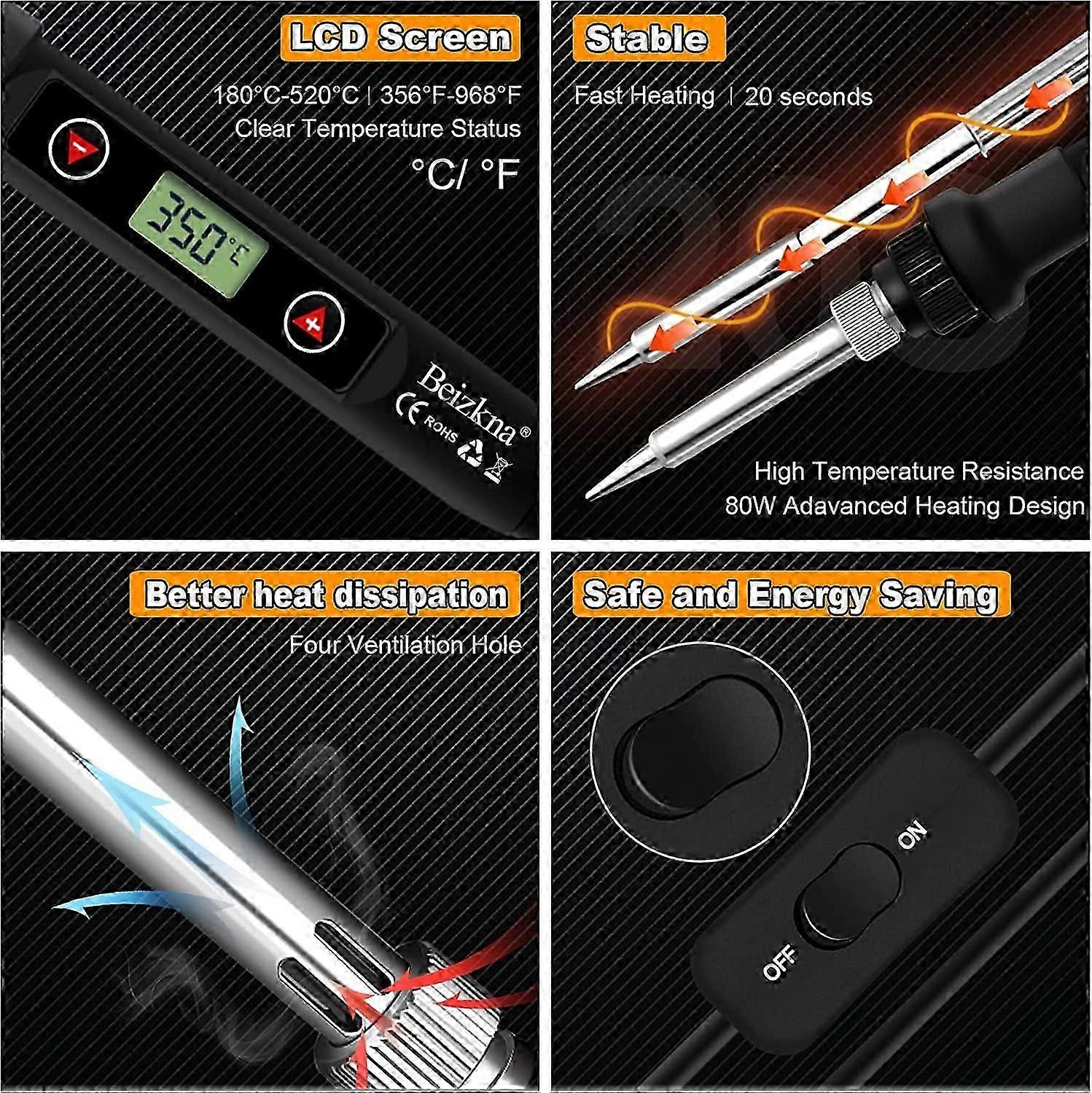 Soldering Iron Kit 80W Electronic Soldering Iron LCD Display Adjustable Temperature 180-520C with Switch 13 in 1 Soldering Kit with 5 Soldering Tips S