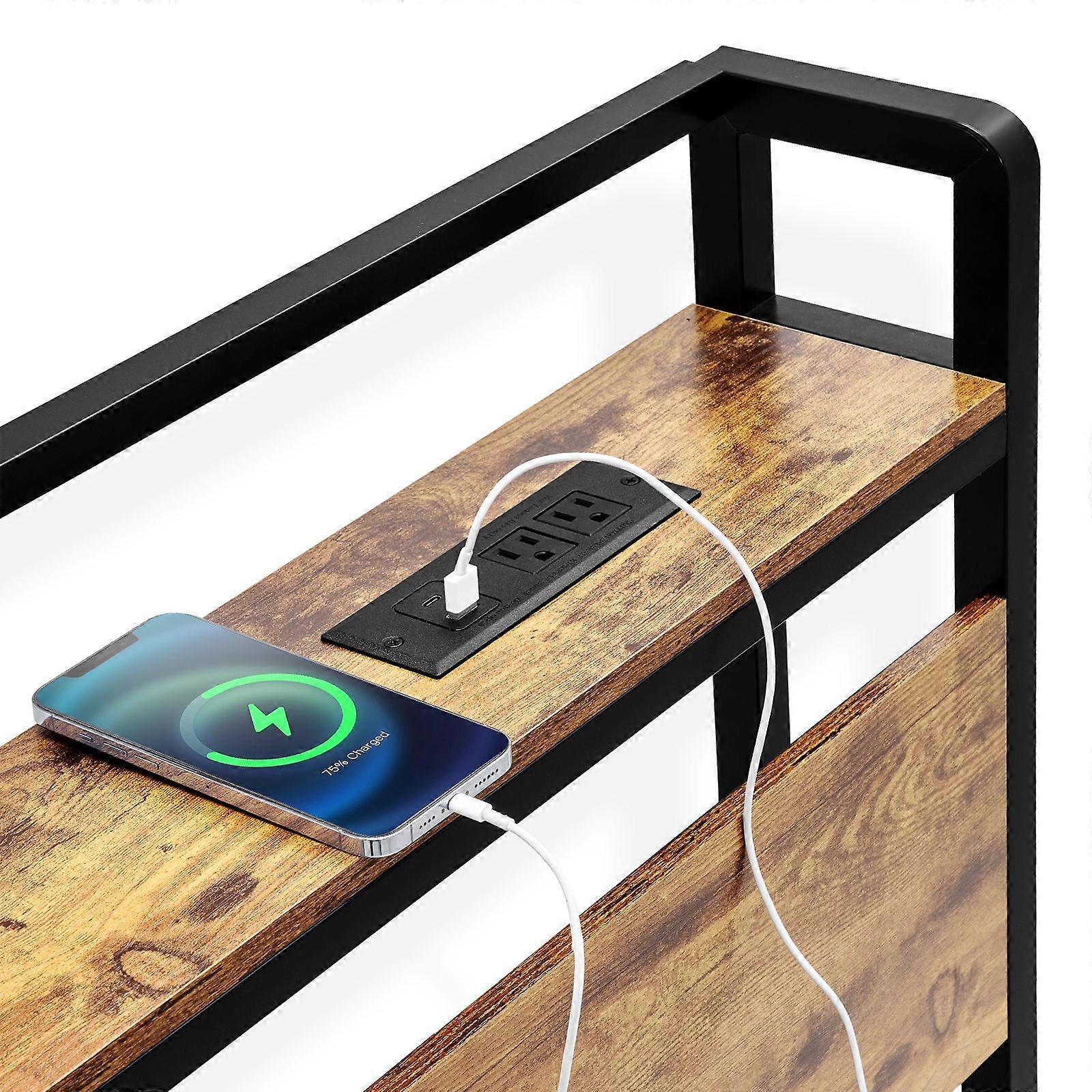 Headboard for King Size Bed, Adjustable Height Headboard with Storage Shelf with Outlets and USB Port, Black and Brown