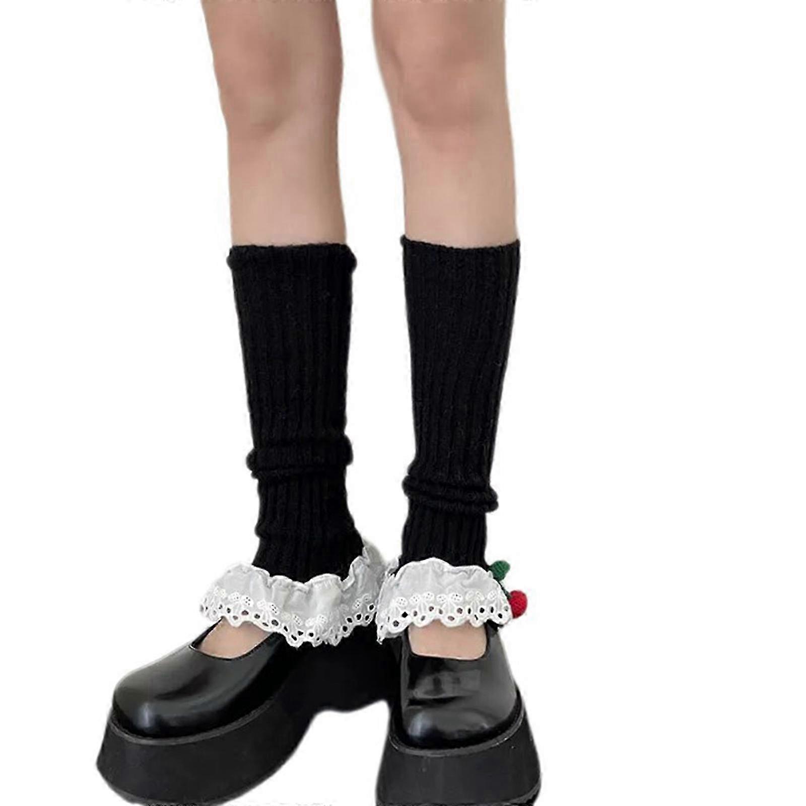 審美的な女性の女の子リブニットレッグウォーマーソックスチェリーボウノットフリルレーストリムパッチワークレッグカバーブーツ袖口ホワイト