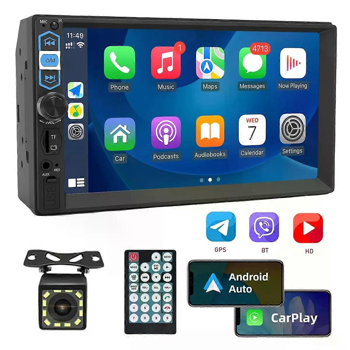 Autoradio stéréo 7 pouces 2 Din, écran tactile HD, CarPlay, Android Auto, lecteur vidéo avec caméra arrière, Bluetooth, navigation FM
