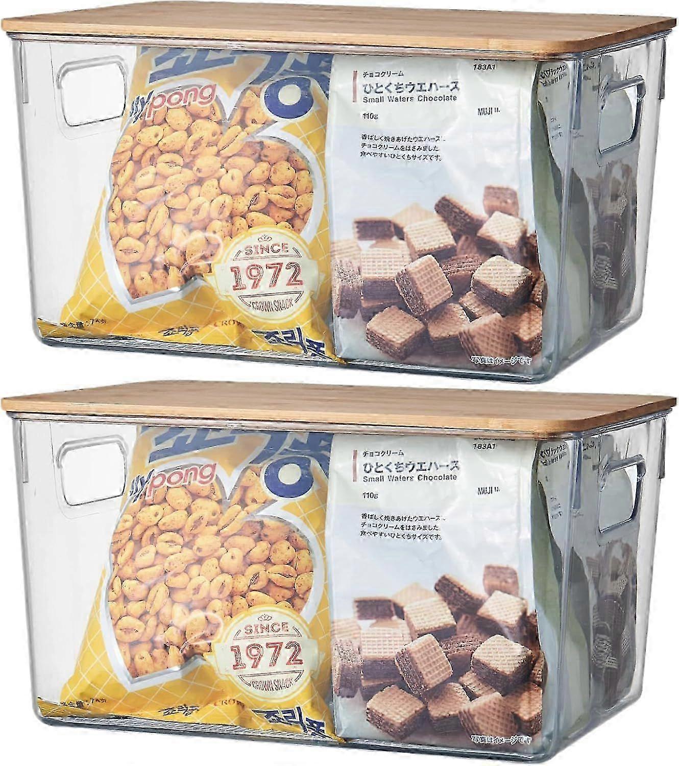 صندوق تخزين بلاستيكي شفاف بغطاء من الخيزران ومقابض بغطاء للمنزل والمطبخ والحمام (26 سم * 15 سم * 7 سم طقم من 2) -أ