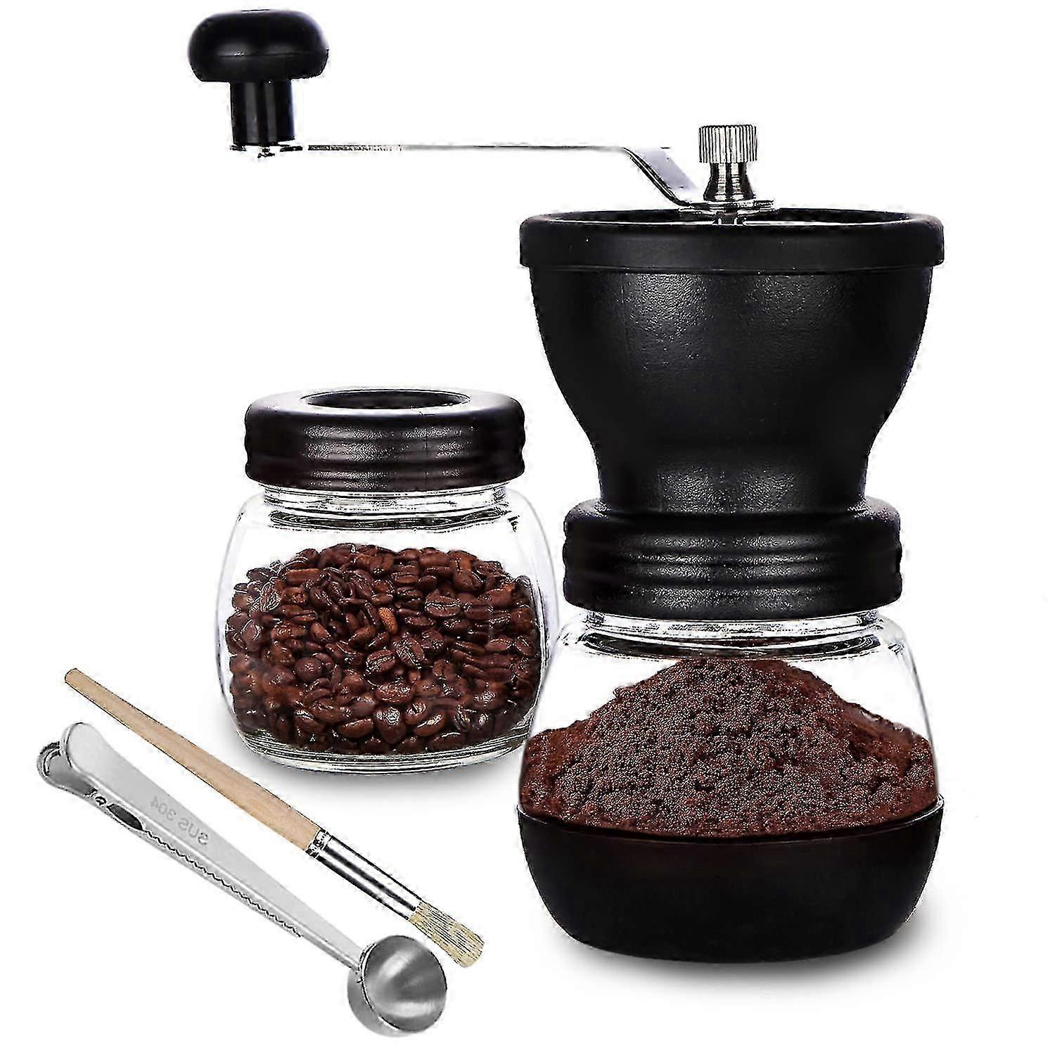 Manual Coffee Bean Grinder With 2 Glass Jars( 11oz Each), Ceramic Burr, Hand Crank/ Handheld, Small Portable Coffee Grinders With Brush/spoon