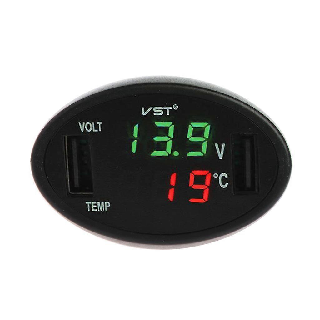 Dual USB Car Charger Volt Meter Temp Gauge Car Monitor Voltage Thermometer 3 in 1 LED Digital Display Screen Black Color Gold