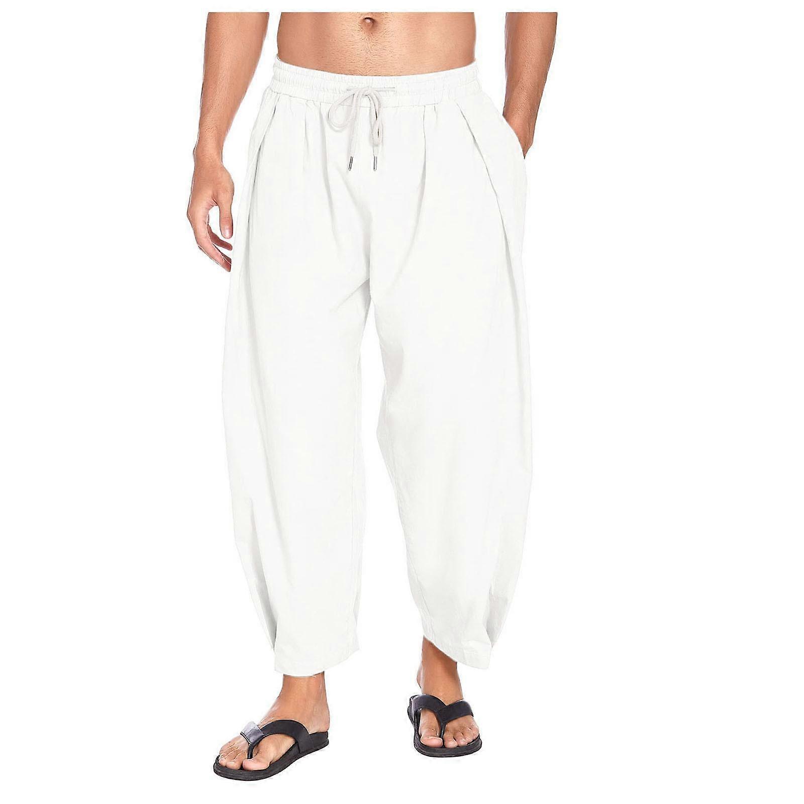 GMXIA Men's Cotton Moharen Pants Drawstring Casual Capri Pants Light Loose Beach Yoga Belt Mouth