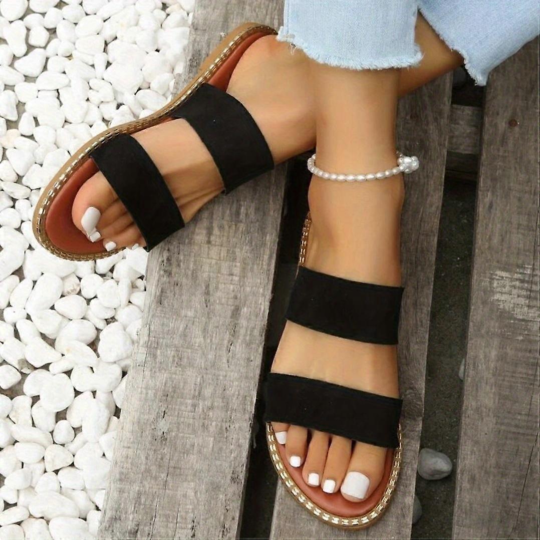 Women's Double Strap Flat Slides, Open Round Toe Slip On Anti-slip Shoes, Versatile Outdoor Beach Slides