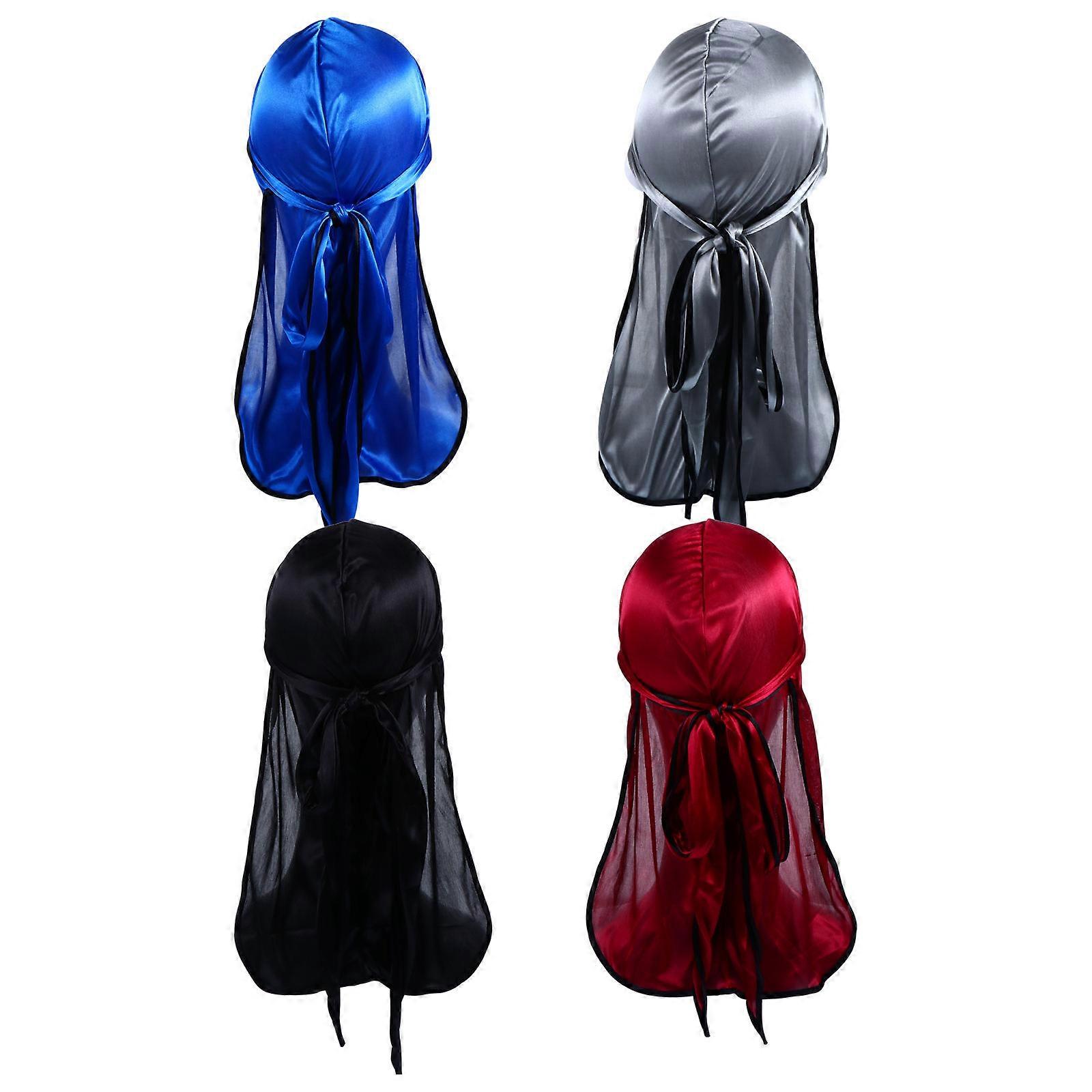 Silky Durag for Men Women Polyester Long Tail Headwrap Turban 4Pcs