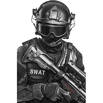Spec ops police officer SWAT in black uniform and face mask, studio shot. Poster