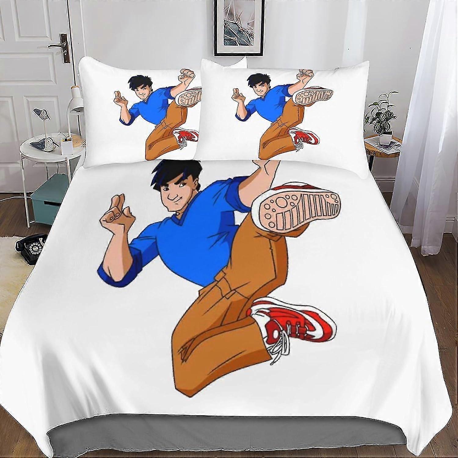Jackie Chan Adventures Inspired Poszwa na kołdrę Zestaw pościeli dla dzieci i nastolatków 3-częściowa poszewka na kołdrę 3D z zapięciem na zamek błyskawiczny