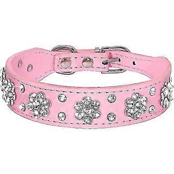 Cute Pink PU Leather Dog Collar with Rhinestone Flower Pattern - Studded Design, 1 Inch Width for Small & Medium Dogs (M: 12-15 inches)