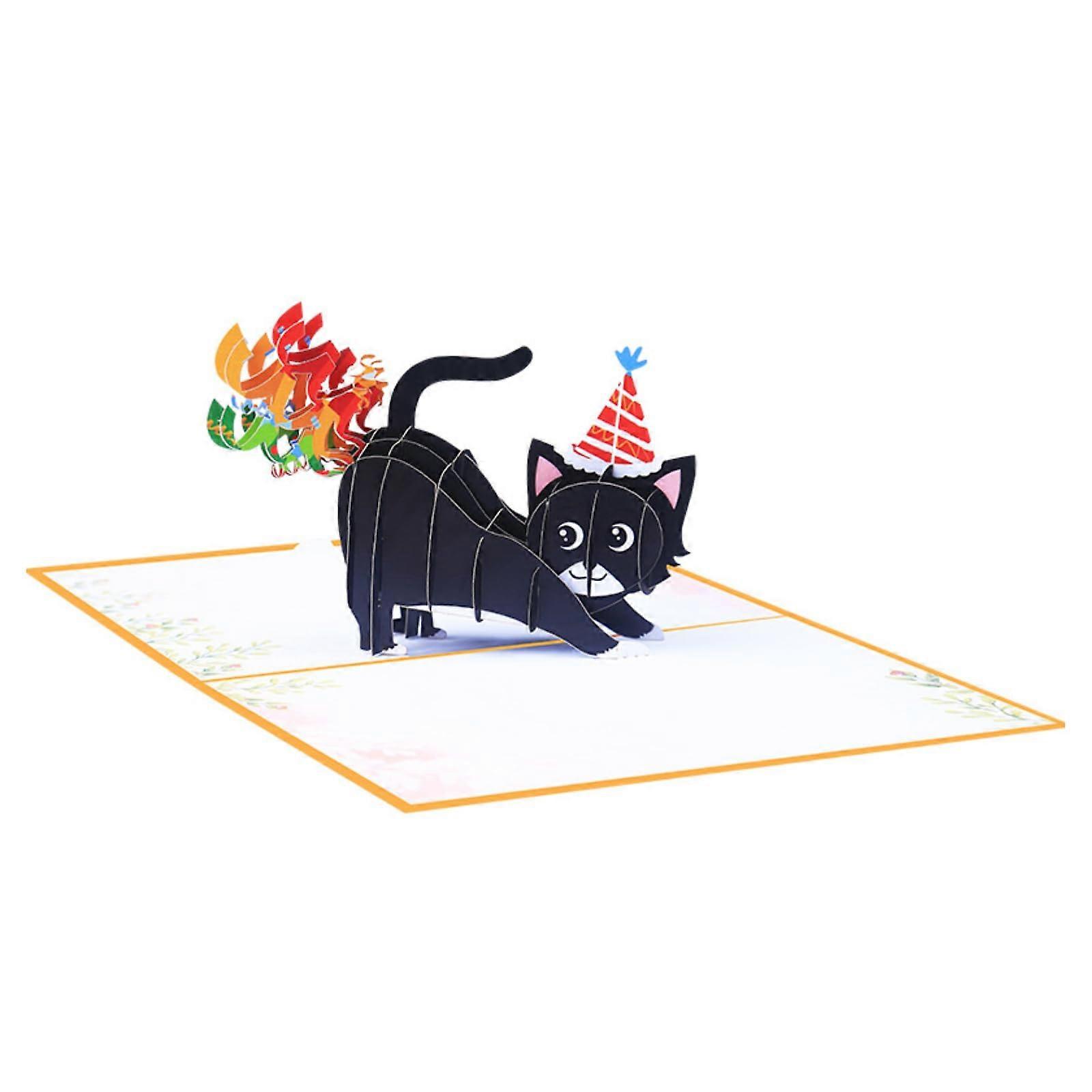 Cat Birthday Card, 3D Card, Funny Rainbow Fart Greetings with Black Cat
