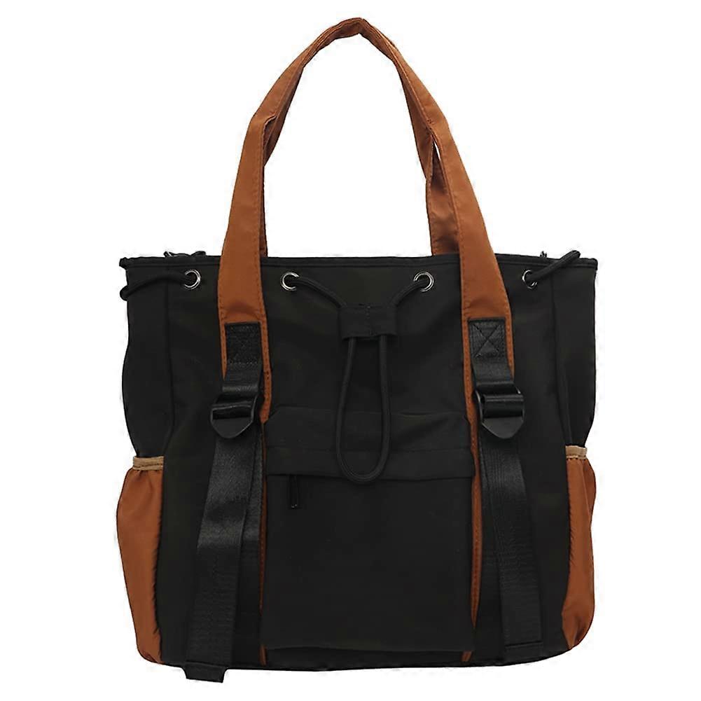 Women’s Large Capacity Shoulder Bag - Multifunctional Nylon Satchel with Contrast Color Top Handle - Black