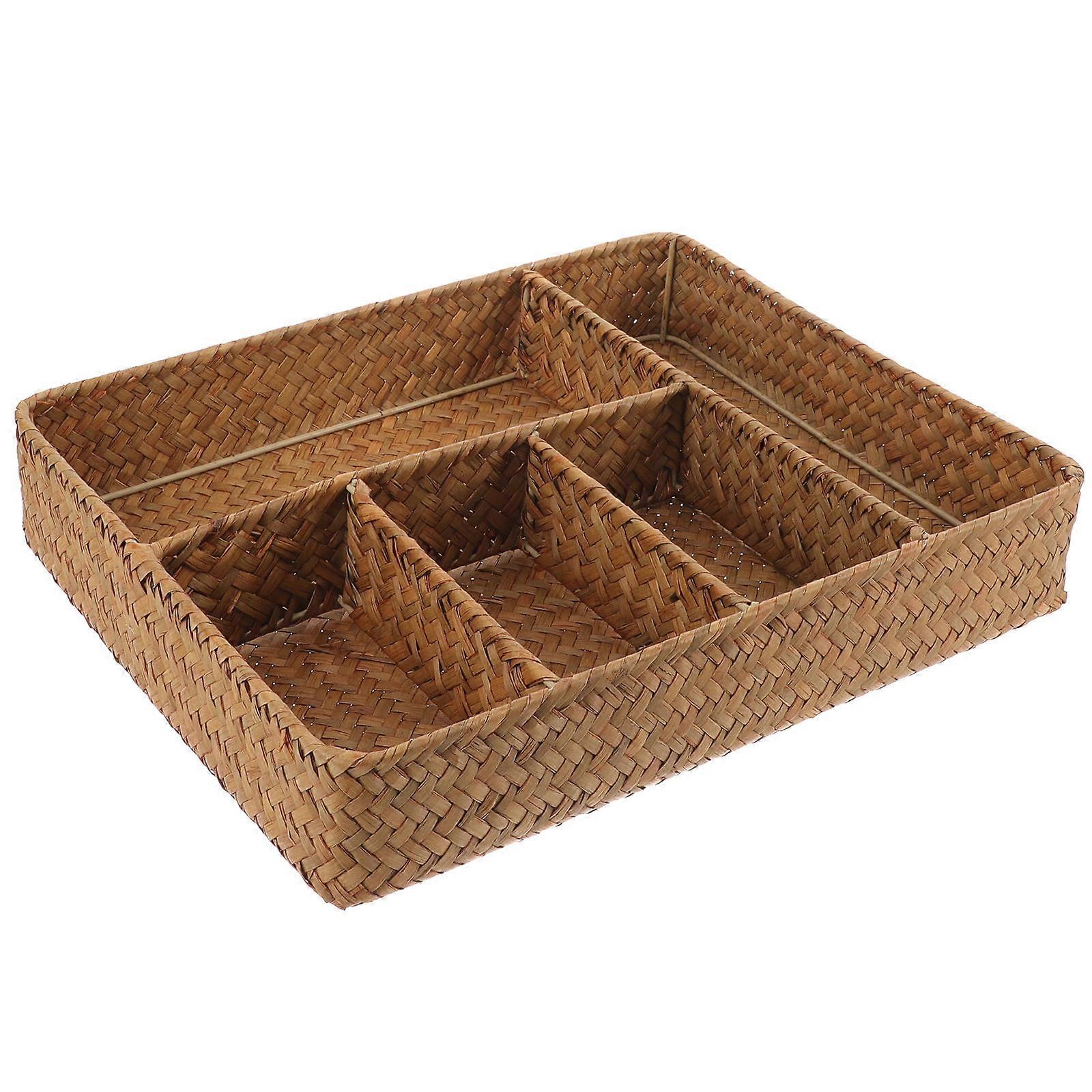 バスルームストロー素材収納バスケット用メイクアップオーガナイザー、仕切り付きデスクトップアクセサリー1セット