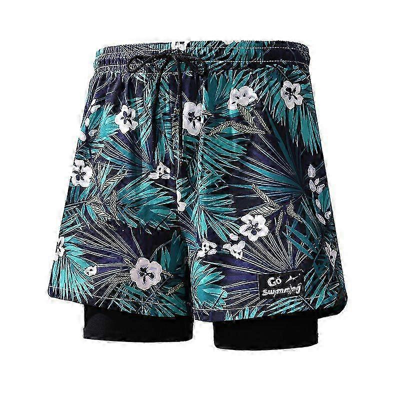 2025 Mens Double-Layer Quick-Dry Swim Trunks  Tropical & Graphic Print Beach Shorts with Compression Liner  Summer Surfwear (S4XL)