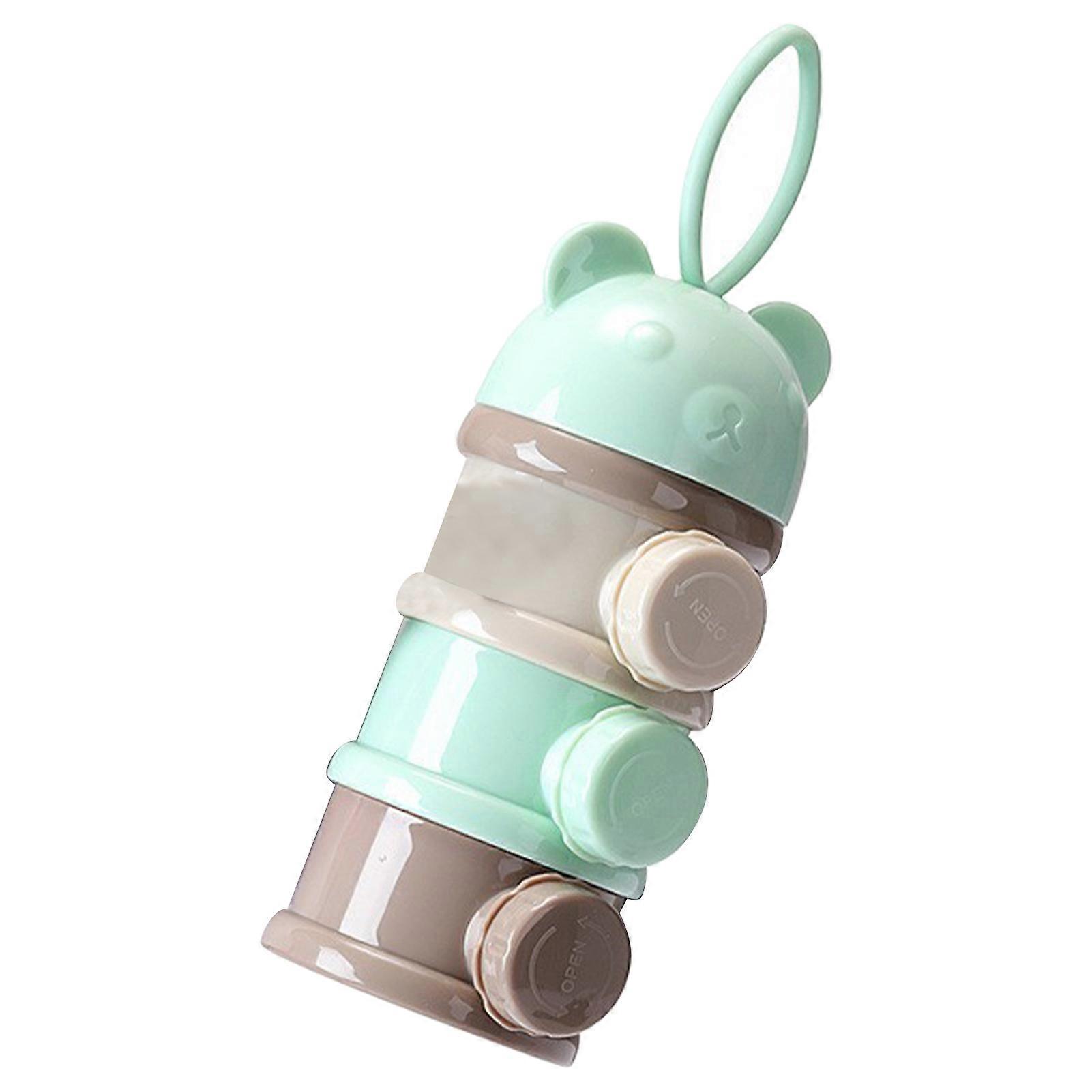 Baby Milk Powder Container 3 Layers Cartoon Bear Portable Large Capacity Side Opened Milk Powder Dispenser Brown Green