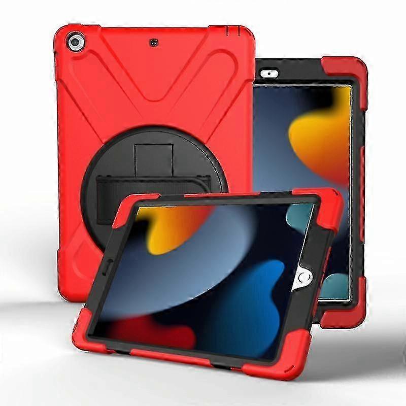 2025 For Ipad 10.2 2021 / 2020 / 2019 360 Degree Rotation Pc + Silicone Protective Case With Holder & Hand-strap(red)