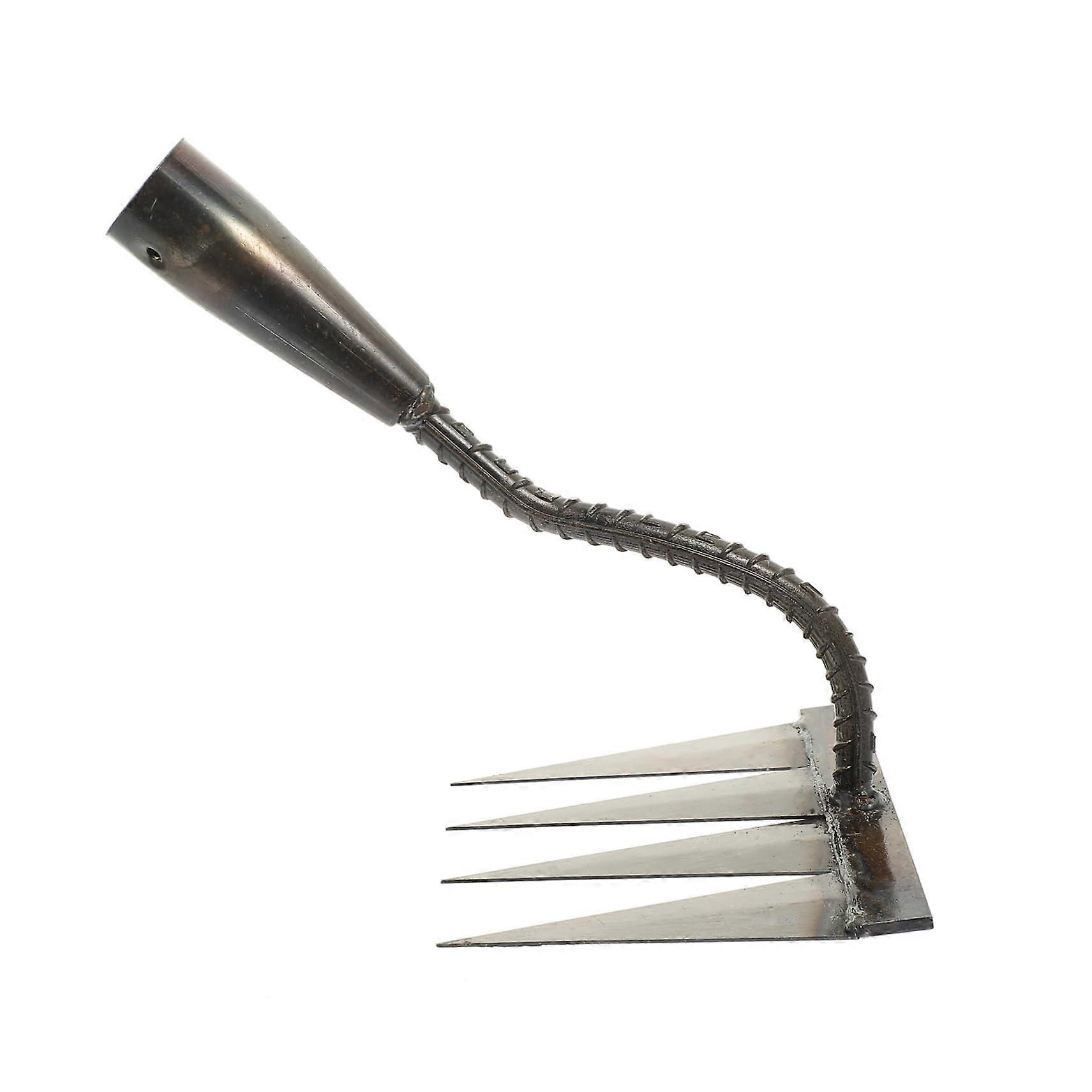 Garden rake hand tool for loosening and digging in gardening and weed control, durable and sturdy.